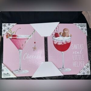 Pink glittery Christmas wall art (2 canvases)